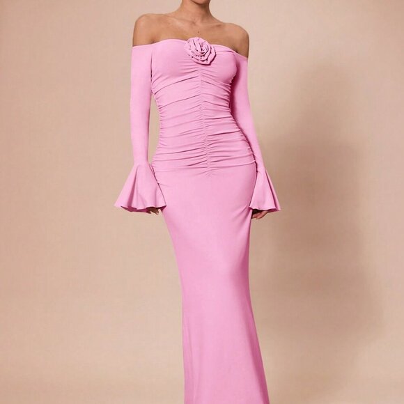 Baby Pink Elegant Women's Long Sleeve Off Shoulder 3d Flower Ruched Maxi dress - Picture 2 of 8